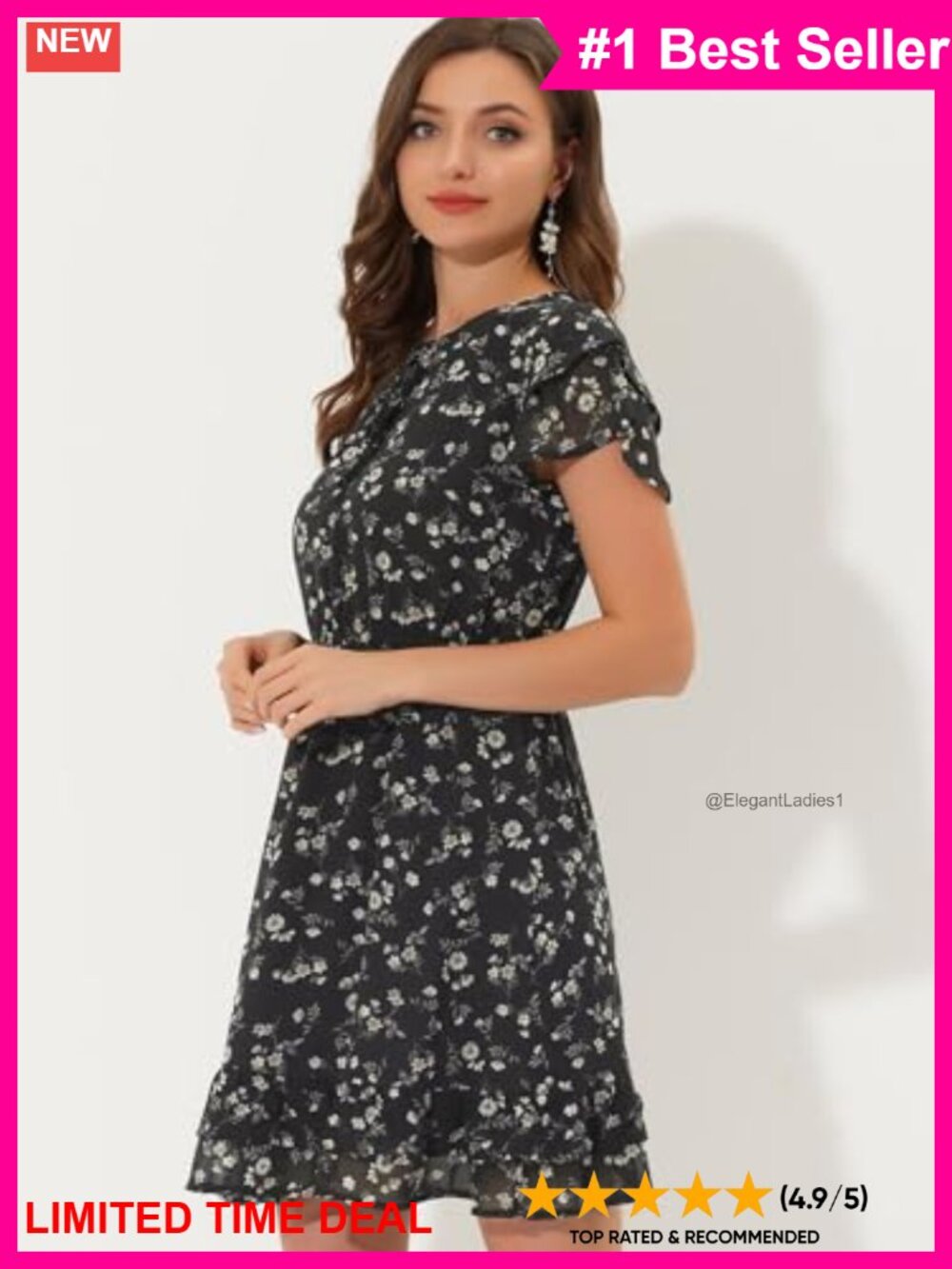 Ruffle Sleeve Floral Mini Chiffon Dress A Line V Neck - Picture 2 of 5